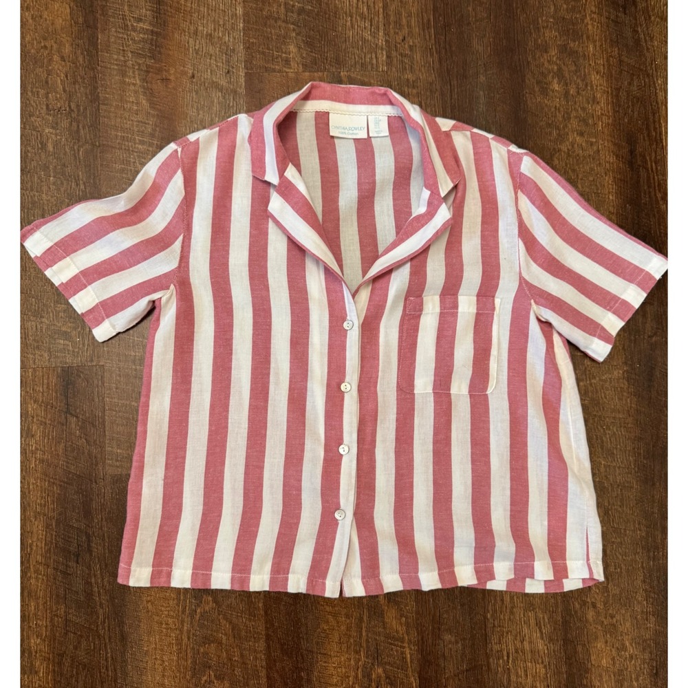 Cynthia Rowley Women's Small Pink White Striped Button Front Cotton Top